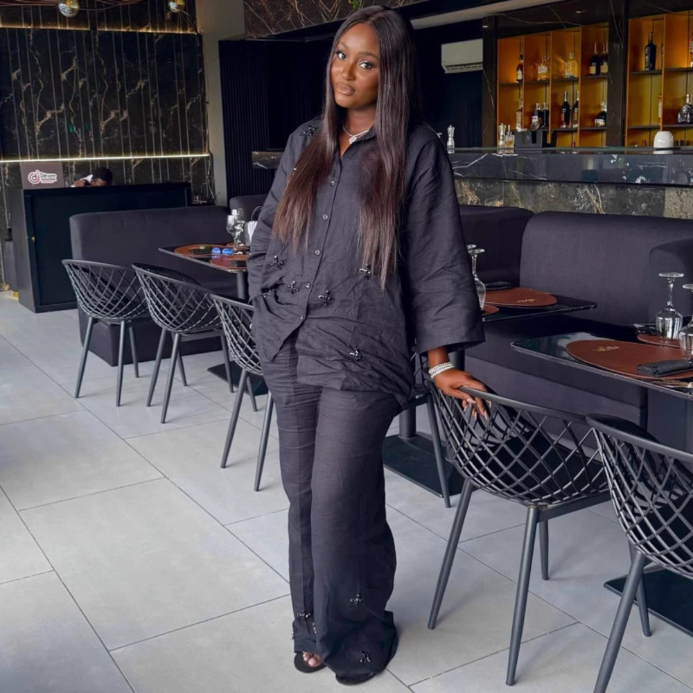 ZARA African Plus Size Luxury Rhinestone Lapel Cardigan Solid Color Pants Set